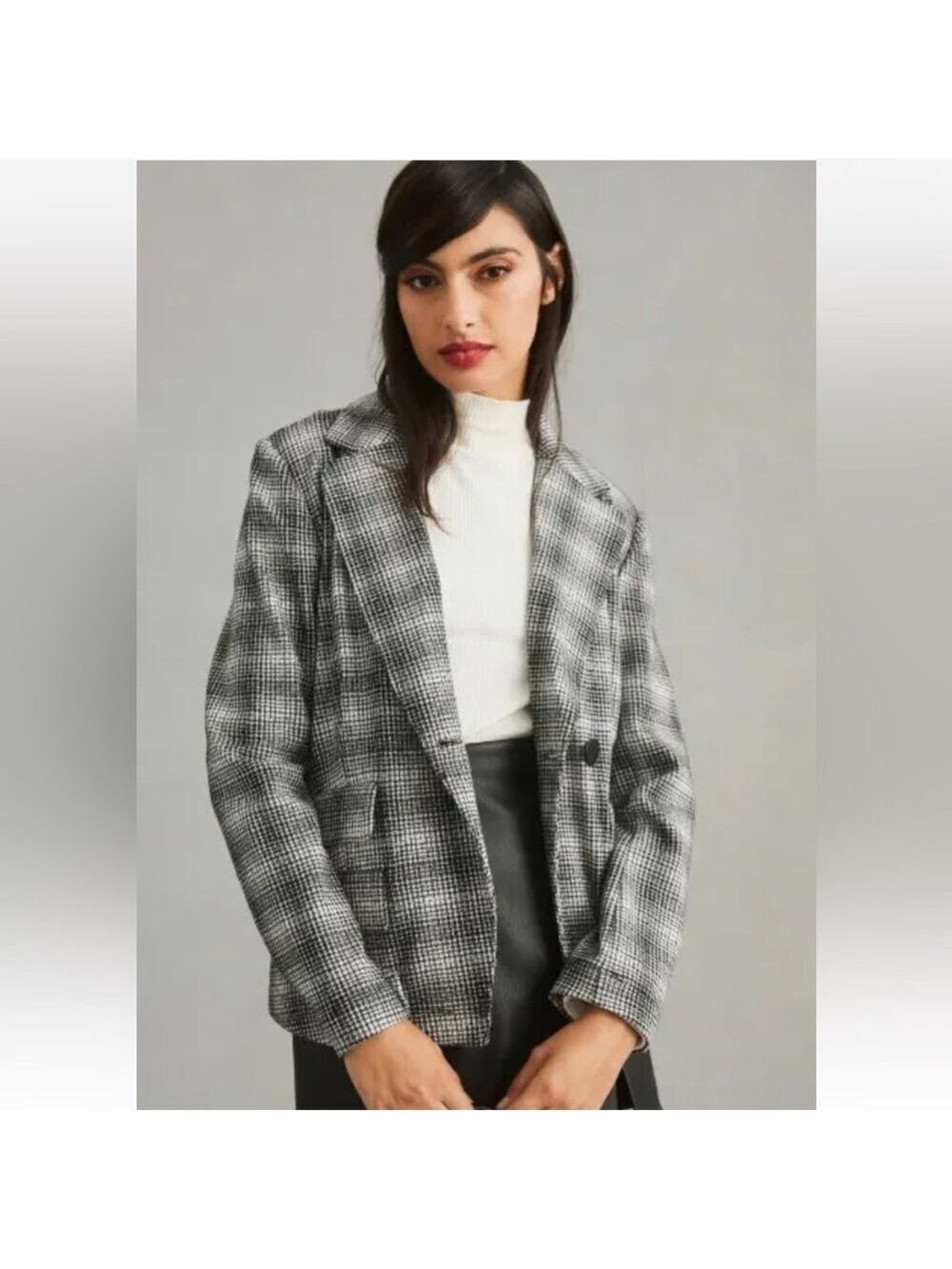 NWT $168 Maeve by Anthropologie M Plaid Knit Blazer Jacket Black/White